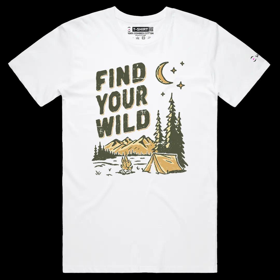 VOICEART White Male Regular Find Your Wild Camping Graphic Tee for Outdoor Adventures Short Sleeve TShirt for Men and Women
