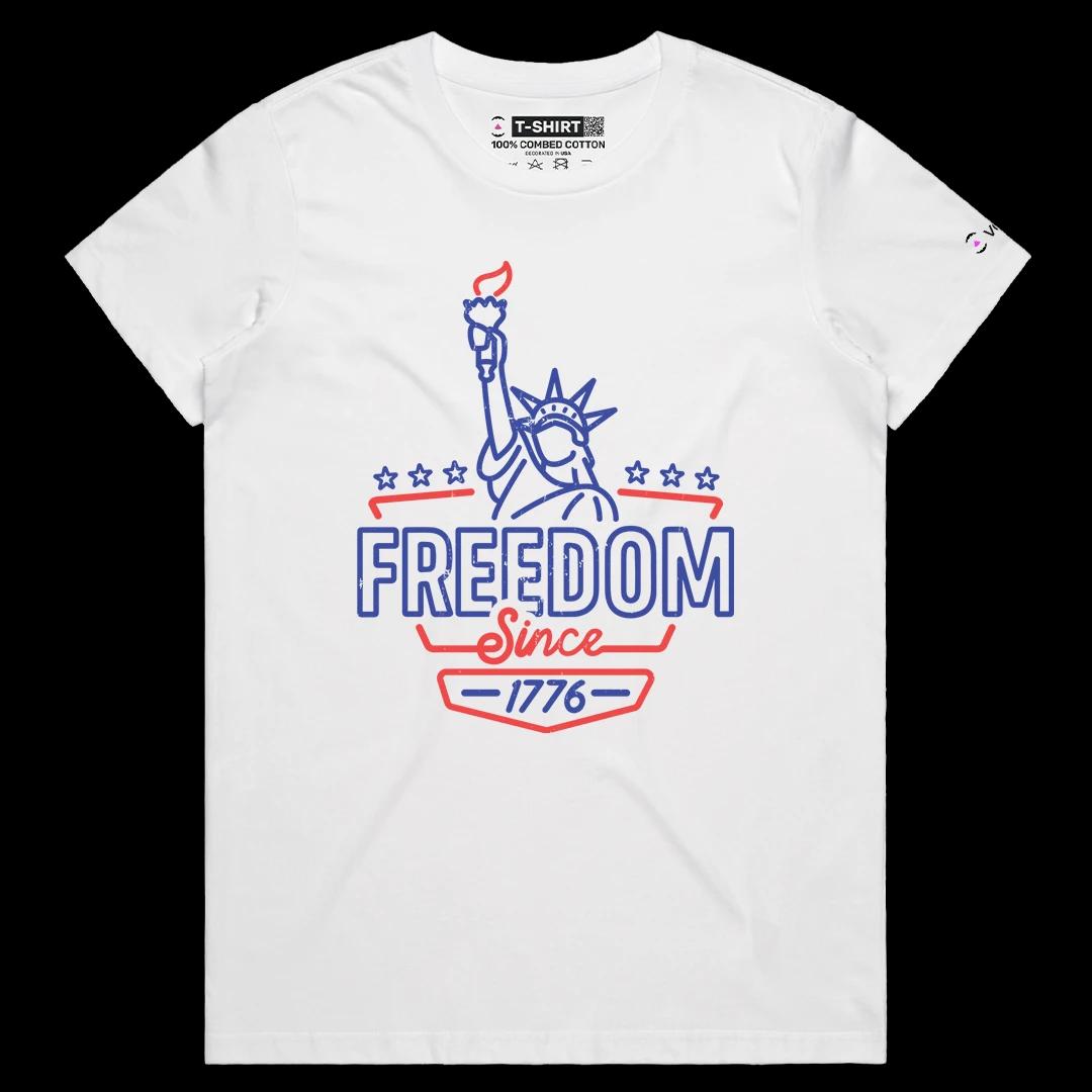 VOICEART White Female Regular Freedom Lady Liberty Patriotic Graphic Tee for US Holidays Short Sleeve Shirt for Men and Women