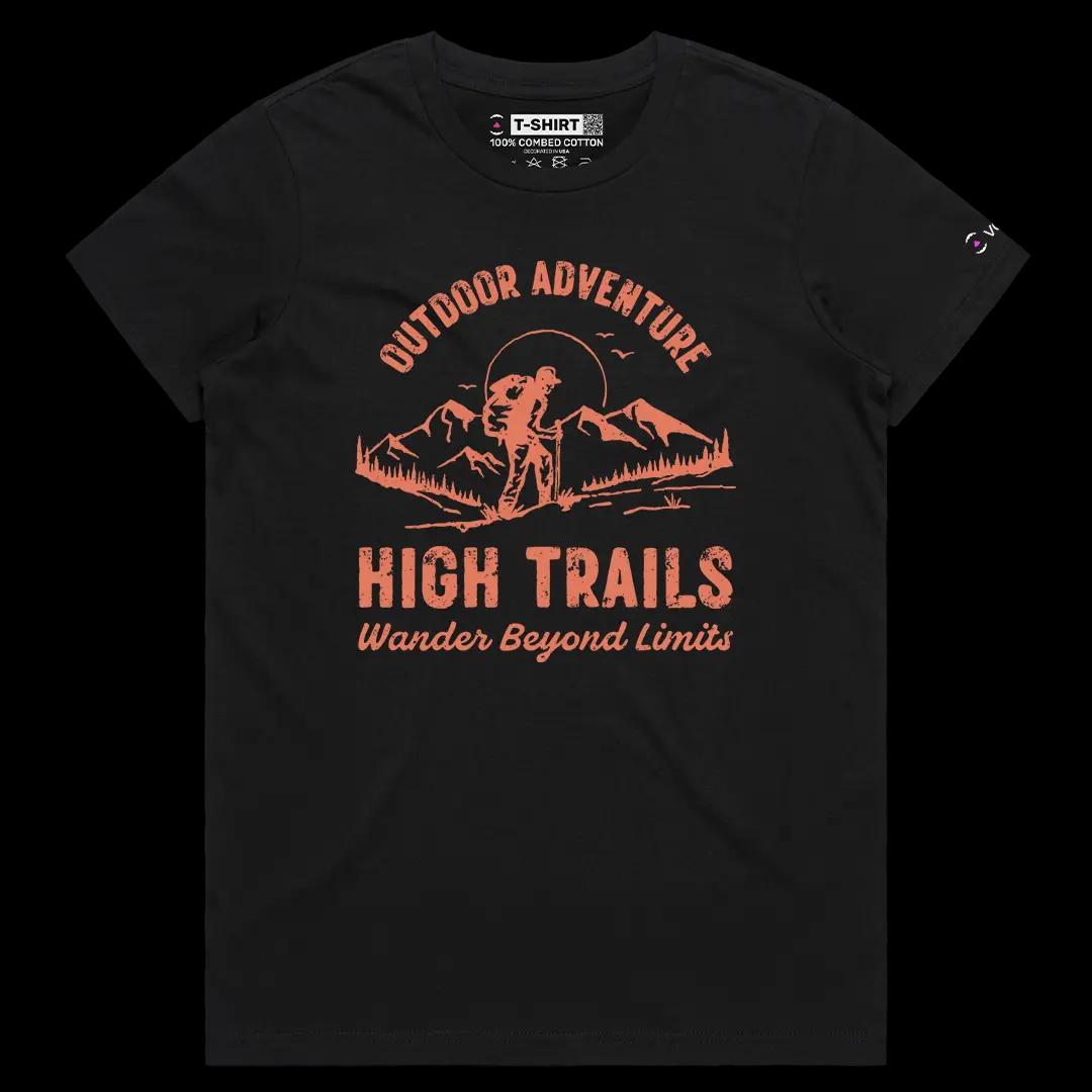 VOICEART Black Female Regular High Trails Nature Graphic Tee for Outdoor Adventures Short Sleeve T-Shirt for Men and Women