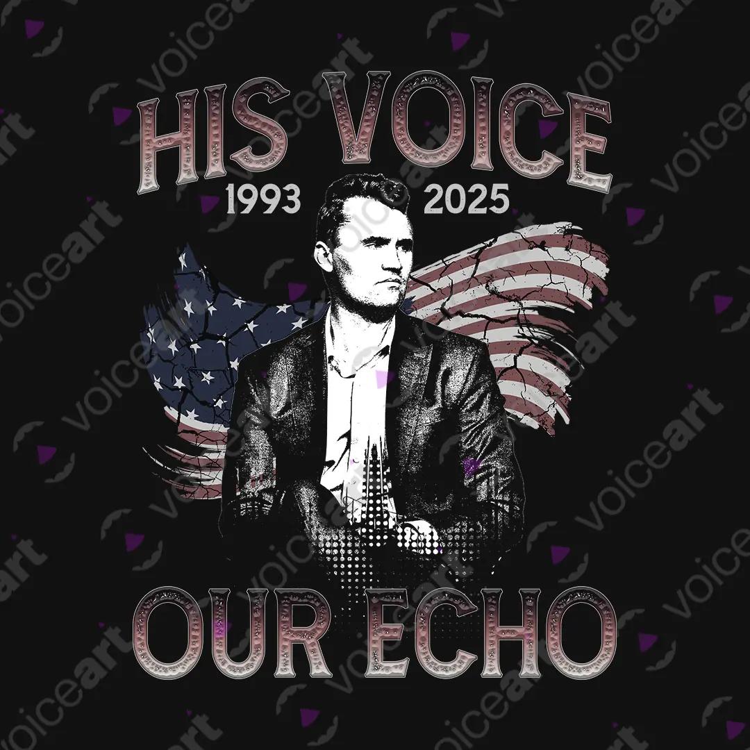 VOICEART Black Watermark His Voice Our Echo Tribute Charlie Kirk Graphic Tee Short Sleeve T-Shirt for Men and Women