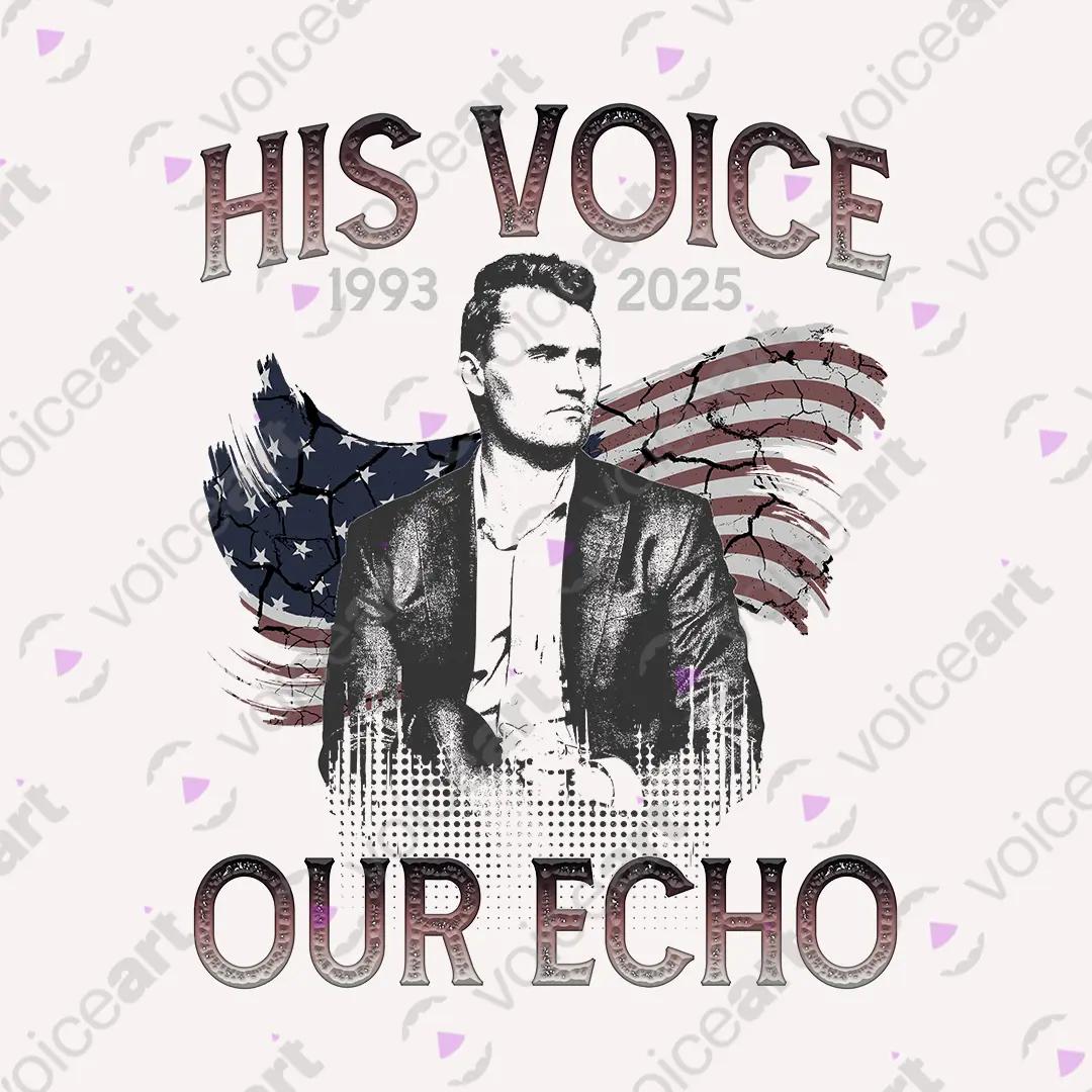 VOICEART White Watermark His Voice Our Echo Tribute Charlie Kirk Graphic Tee Short Sleeve T-Shirt for Men and Women