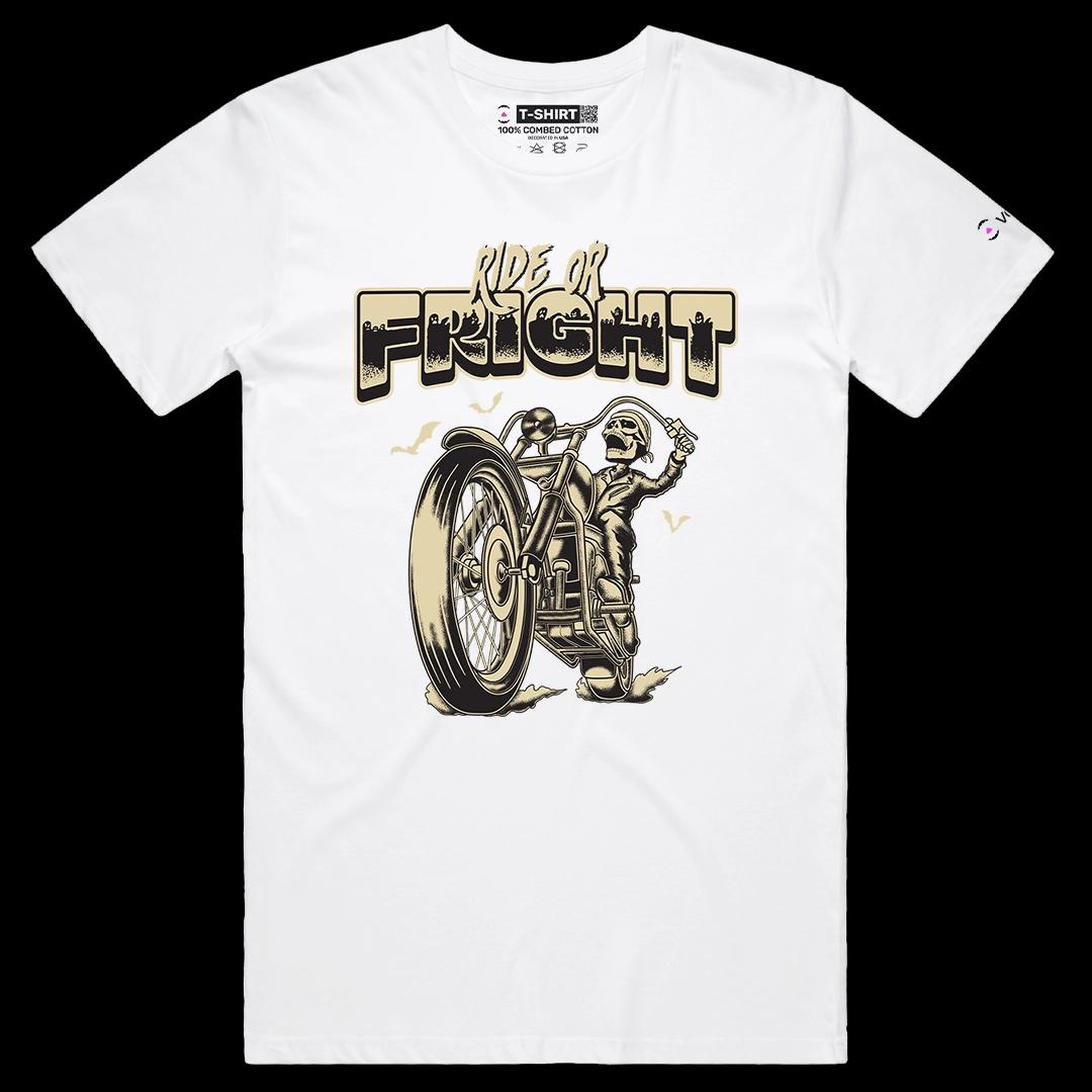 VOICEART White Male Regular Ride or Fright Funny Halloween Graphic Tee for Holidays Short Sleeve T-Shirt for Men and Women