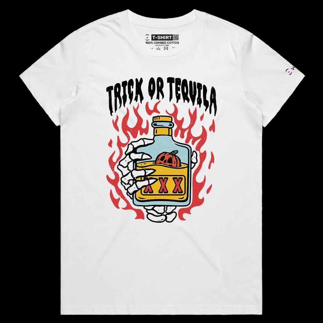 VOICEART White Female Regular Trick or Tequila Funny Halloween Graphic Tee for Holidays Short Sleeve TShirt for Men and Women