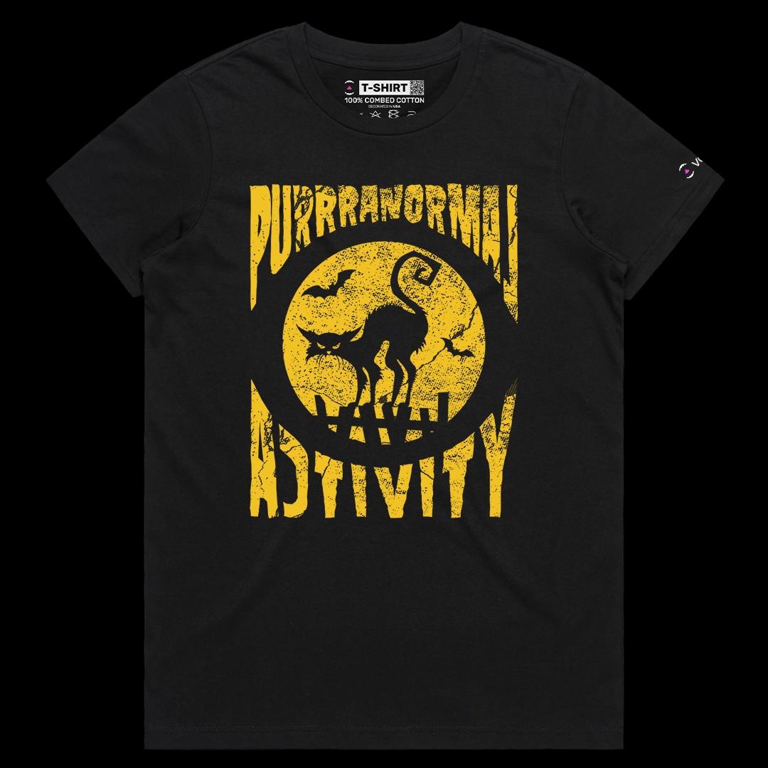 VOICEART Black Female Regular Scary Black Cat Funny Halloween Graphic Tee for Holidays Short Sleeve T-Shirt for Men and Women