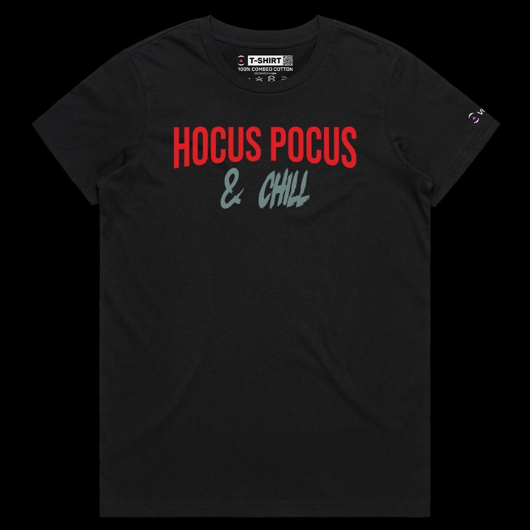 VOICEART Black Female Regular Hocus Pocus & Chill Funny Halloween Graphic Tee for Holidays Short T-Shirt for Men and Women