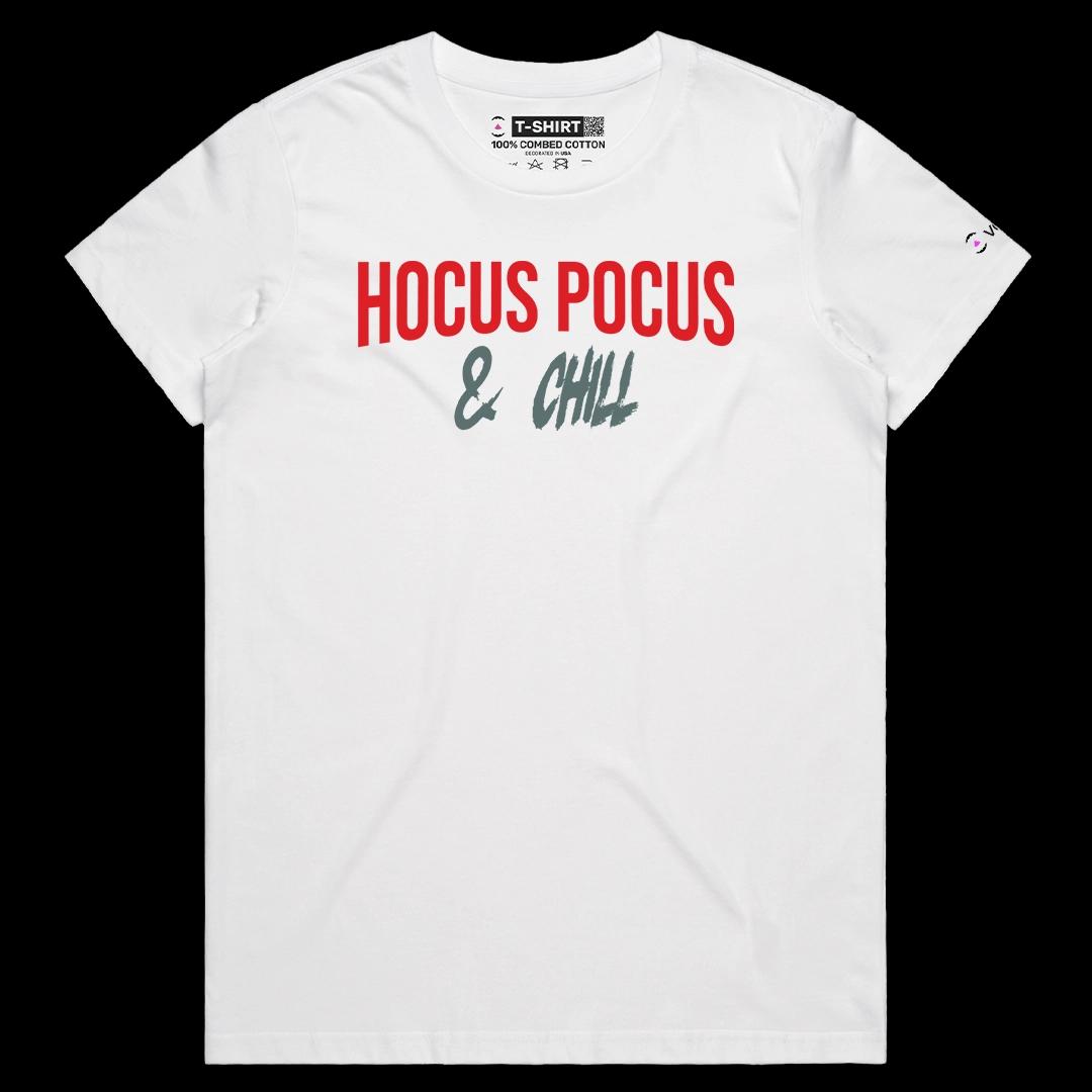VOICEART White Female Regular Hocus Pocus & Chill Funny Halloween Graphic Tee for Holidays Short T-Shirt for Men and Women