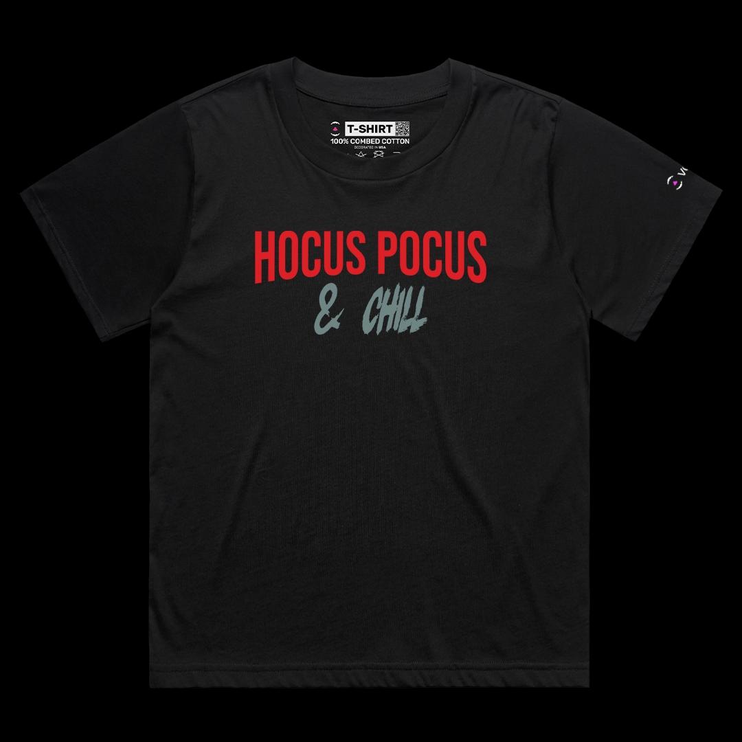 VOICEART Black Female Loose Hocus Pocus & Chill Funny Halloween Graphic Tee for Holidays Short T-Shirt for Men and Women