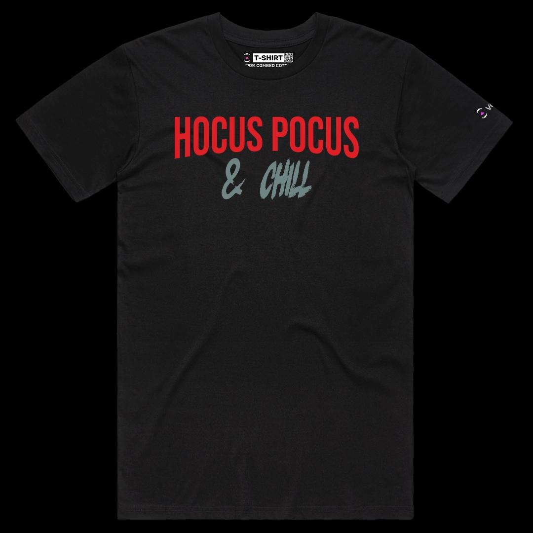 VOICEART Black Male Regular Hocus Pocus & Chill Funny Halloween Graphic Tee for Holidays Short T-Shirt for Men and Women