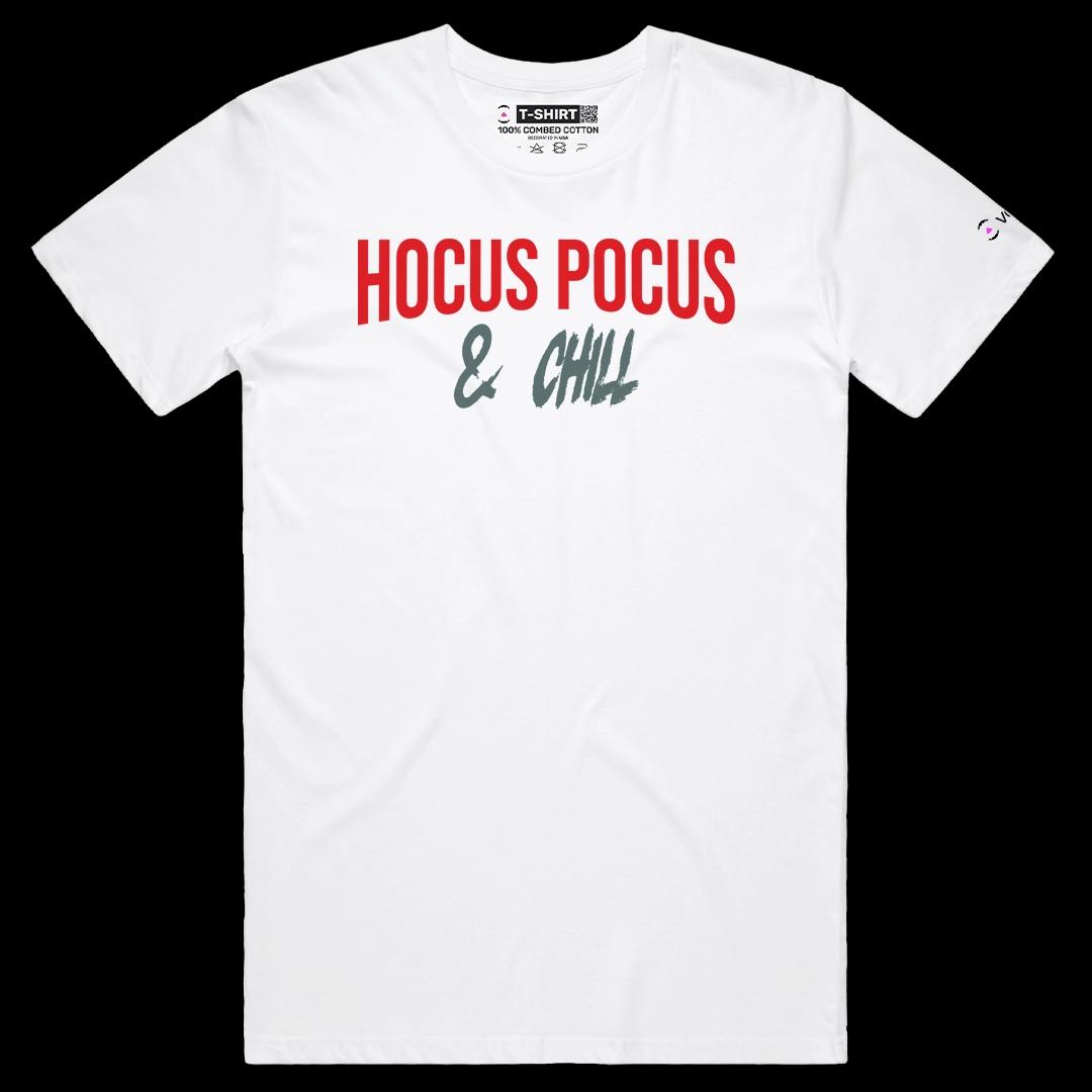 VOICEART White Male Regular Hocus Pocus & Chill Funny Halloween Graphic Tee for Holidays Short T-Shirt for Men and Women