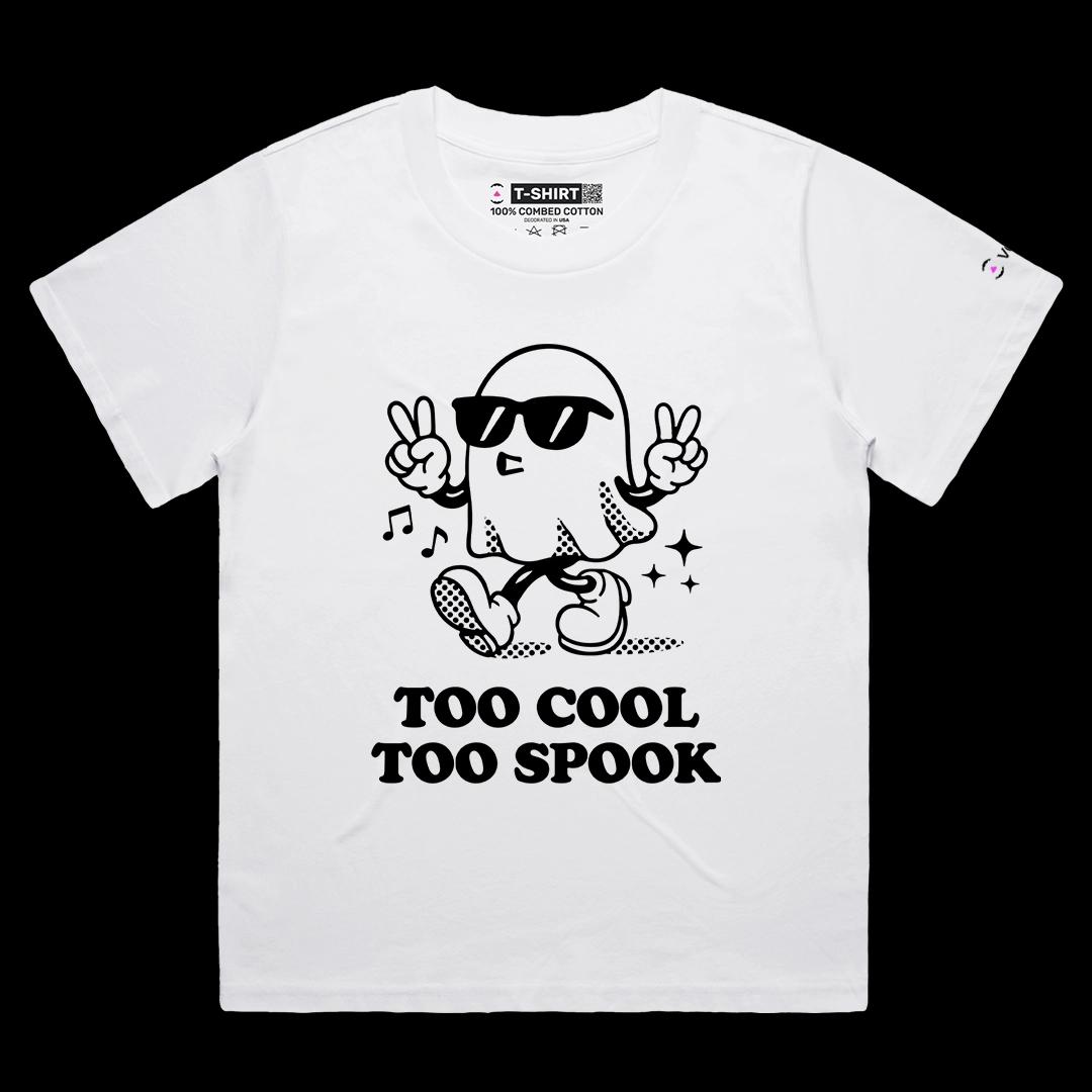 VOICEART White Female Loose Too Cool To Spook Funny Halloween Graphic Tee for Holidays Short Sleeve Shirt for Men and Women