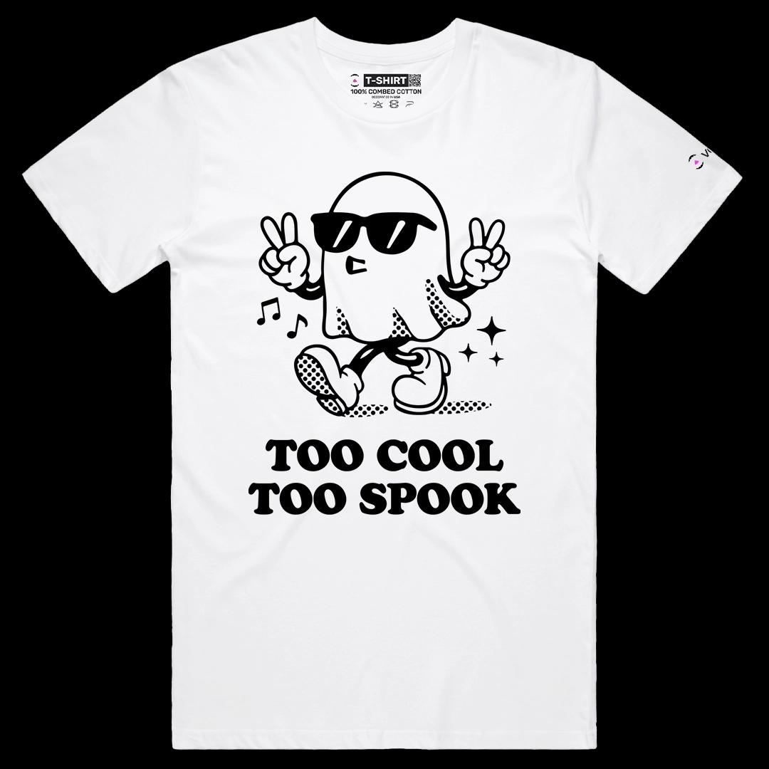 VOICEART White Male Regular Too Cool To Spook Funny Halloween Graphic Tee for Holidays Short Sleeve Shirt for Men and Women