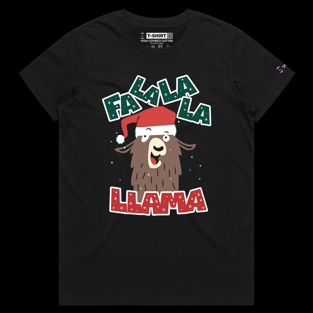 VOICEART Black Female Regular Singing Llama Funny Christmas Graphic Tee for Holidays Short Sleeve T-Shirt for Men and Women