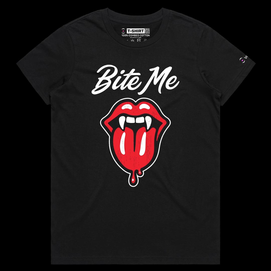 VOICEART Black Female Regular Bite Me Funny Halloween Graphic Tee for Holidays Short Sleeve T-Shirt for Men and Women