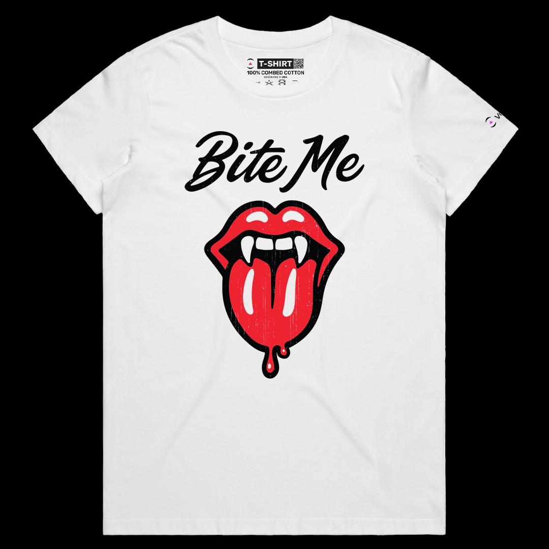 VOICEART White Female Regular Bite Me Funny Halloween Graphic Tee for Holidays Short Sleeve T-Shirt for Men and Women
