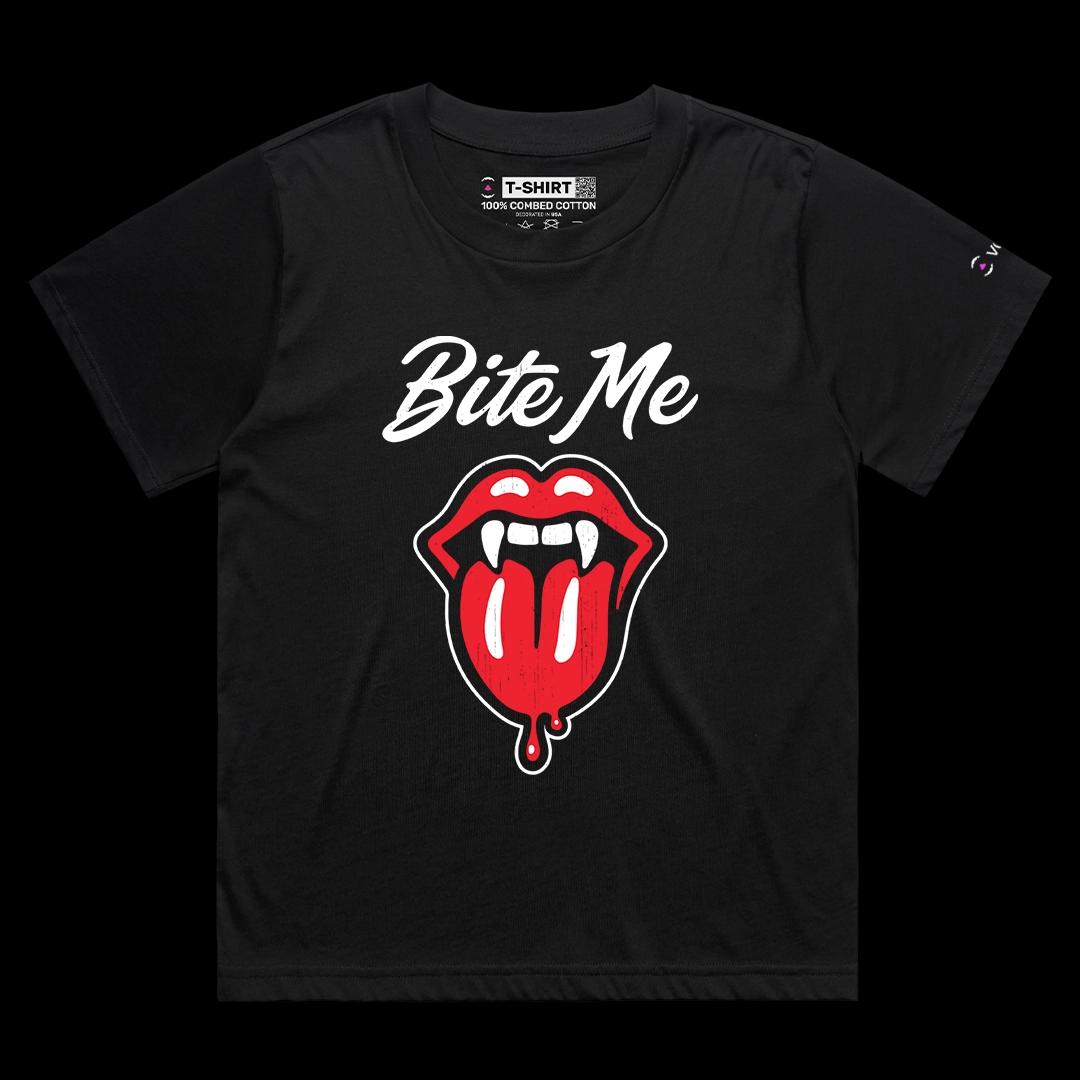 VOICEART Black Female Loose Bite Me Funny Halloween Graphic Tee for Holidays Short Sleeve T-Shirt for Men and Women