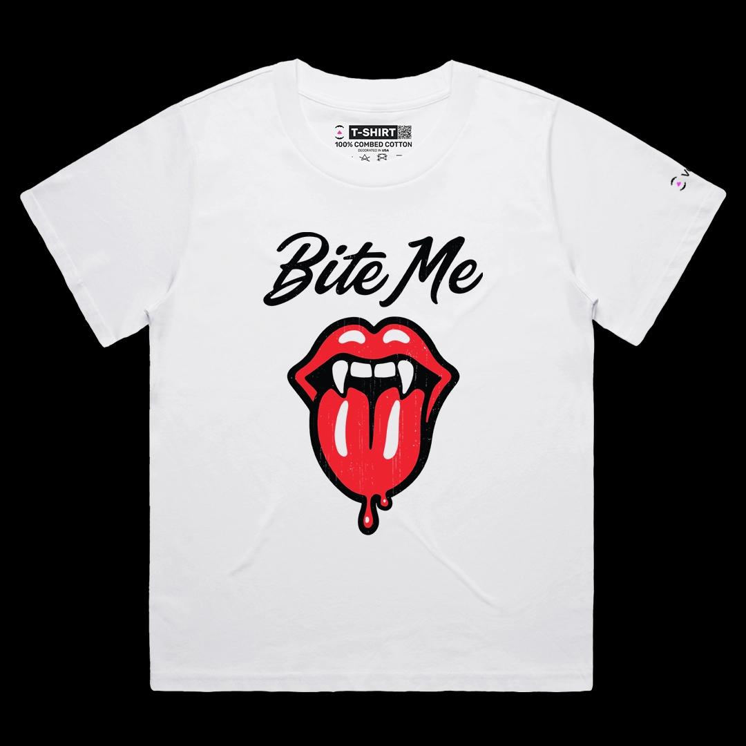 VOICEART White Female Loose Bite Me Funny Halloween Graphic Tee for Holidays Short Sleeve T-Shirt for Men and Women