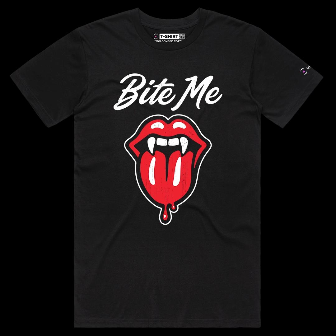 VOICEART Black Male Regular Bite Me Funny Halloween Graphic Tee for Holidays Short Sleeve T-Shirt for Men and Women