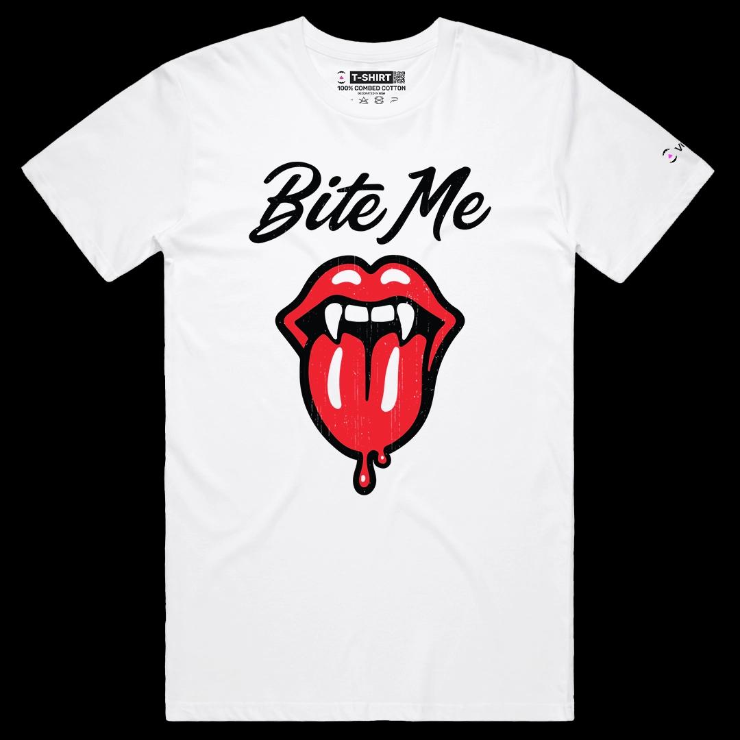 VOICEART White Male Regular Bite Me Funny Halloween Graphic Tee for Holidays Short Sleeve T-Shirt for Men and Women