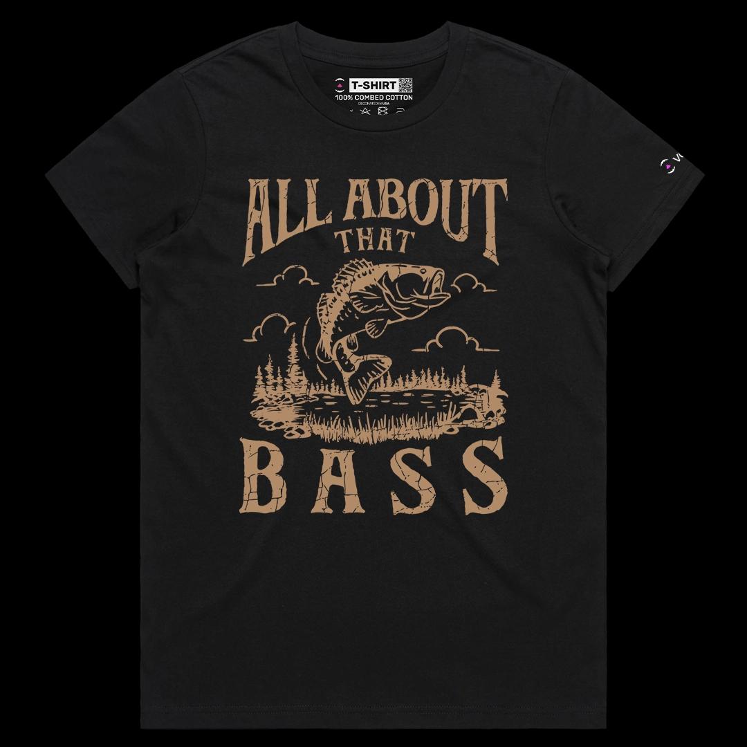 VOICEART Black Female Regular Bass Fish Nature Lifestyle Graphic Tee for Fishing Lovers Short Sleeve TShirt for Men and Women