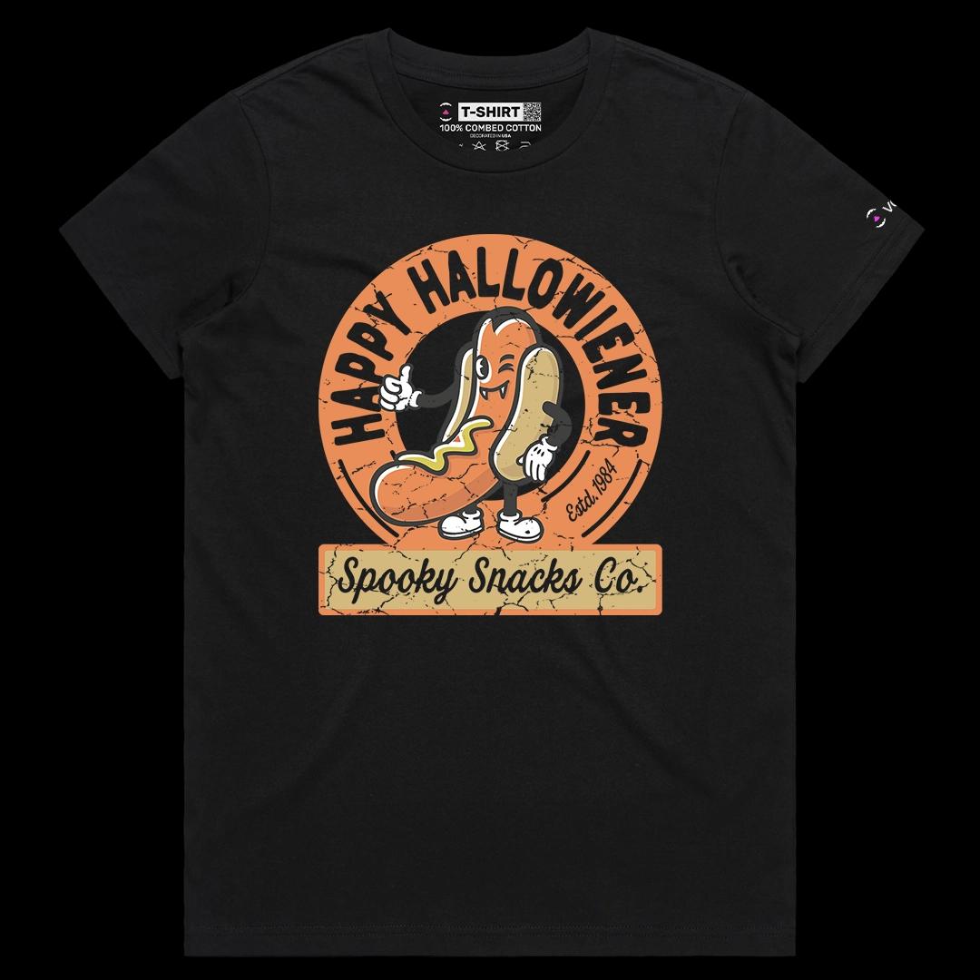 VOICEART Black Female Regular Halloweiner Funny Halloween Wordplay Graphic Tee Holidays Short Sleeve TShirt for Men and Women