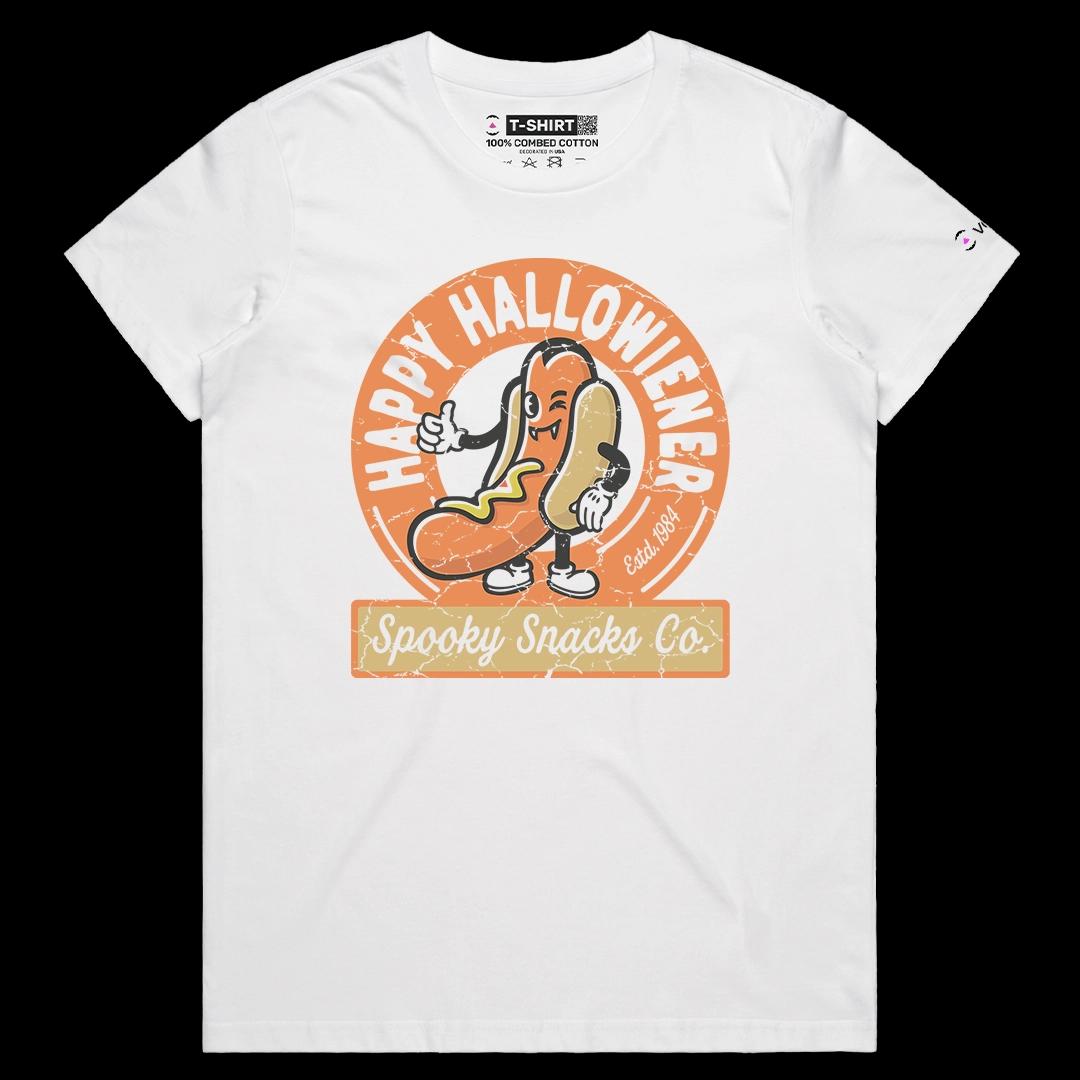 VOICEART White Female Regular Halloweiner Funny Halloween Wordplay Graphic Tee Holidays Short Sleeve TShirt for Men and Women