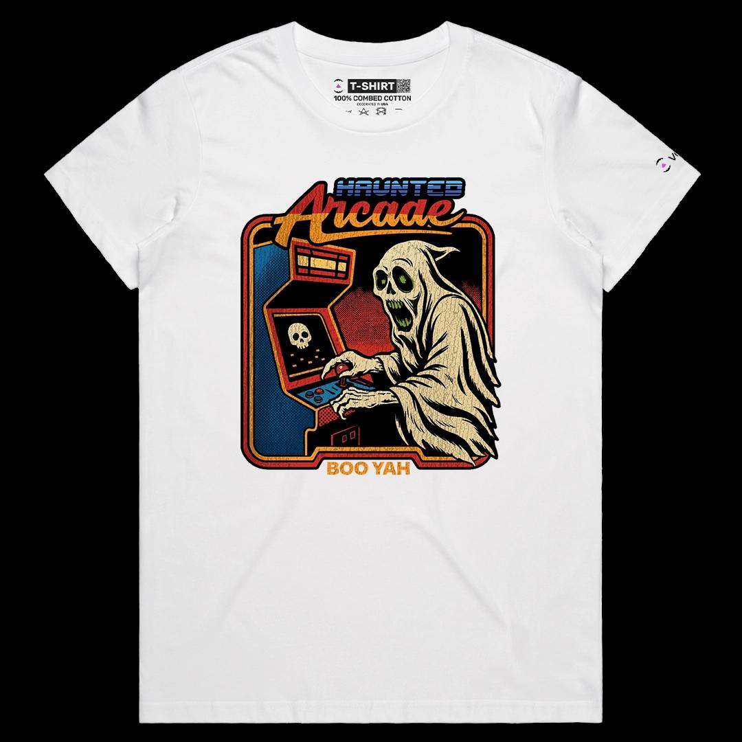 VOICEART White Female Regular Haunted Arcade Funny Halloween Graphic Tee for Holidays Short Sleeve T-Shirt for Men and Women
