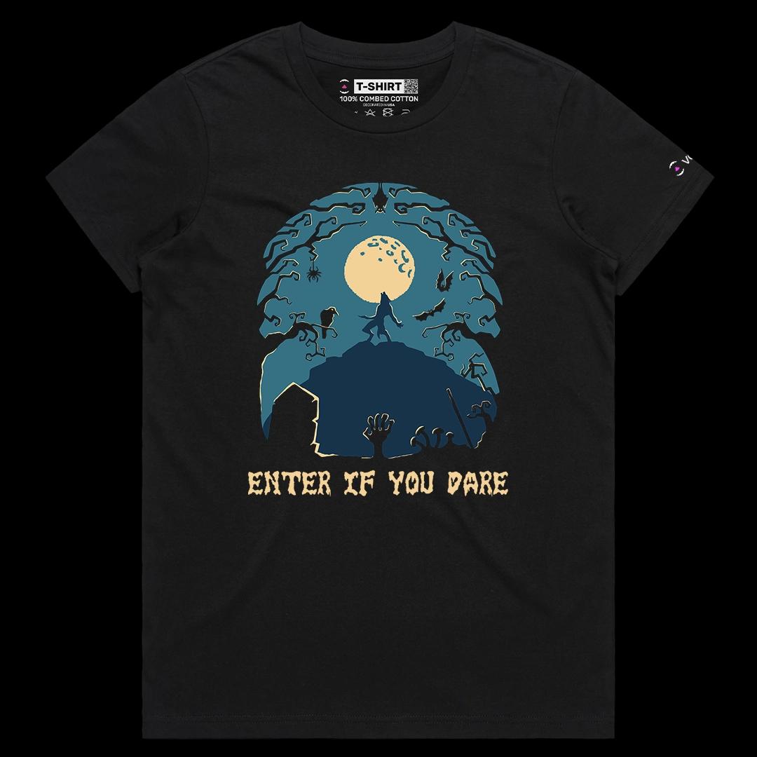 VOICEART Black Female Regular Enter If You Dare Scary Holiday Graphic Tee for Halloween Short Sleeve TShirt for Men and Women
