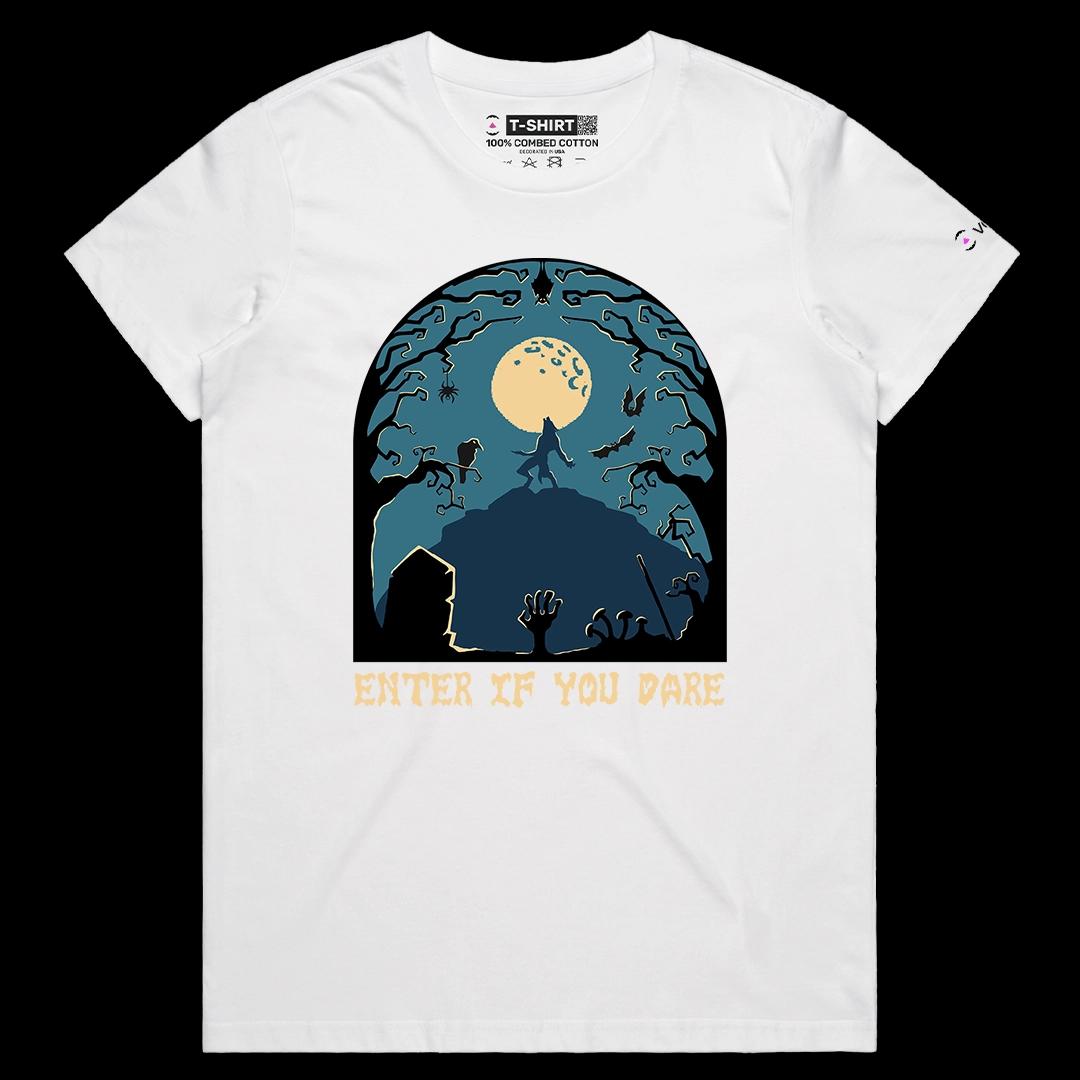 VOICEART White Female Regular Enter If You Dare Scary Holiday Graphic Tee for Halloween Short Sleeve TShirt for Men and Women
