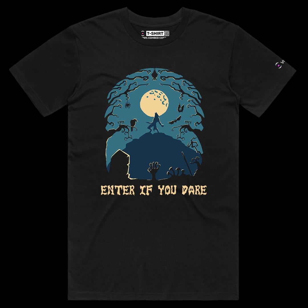 VOICEART Black Male Regular Enter If You Dare Scary Holiday Graphic Tee for Halloween Short Sleeve TShirt for Men and Women