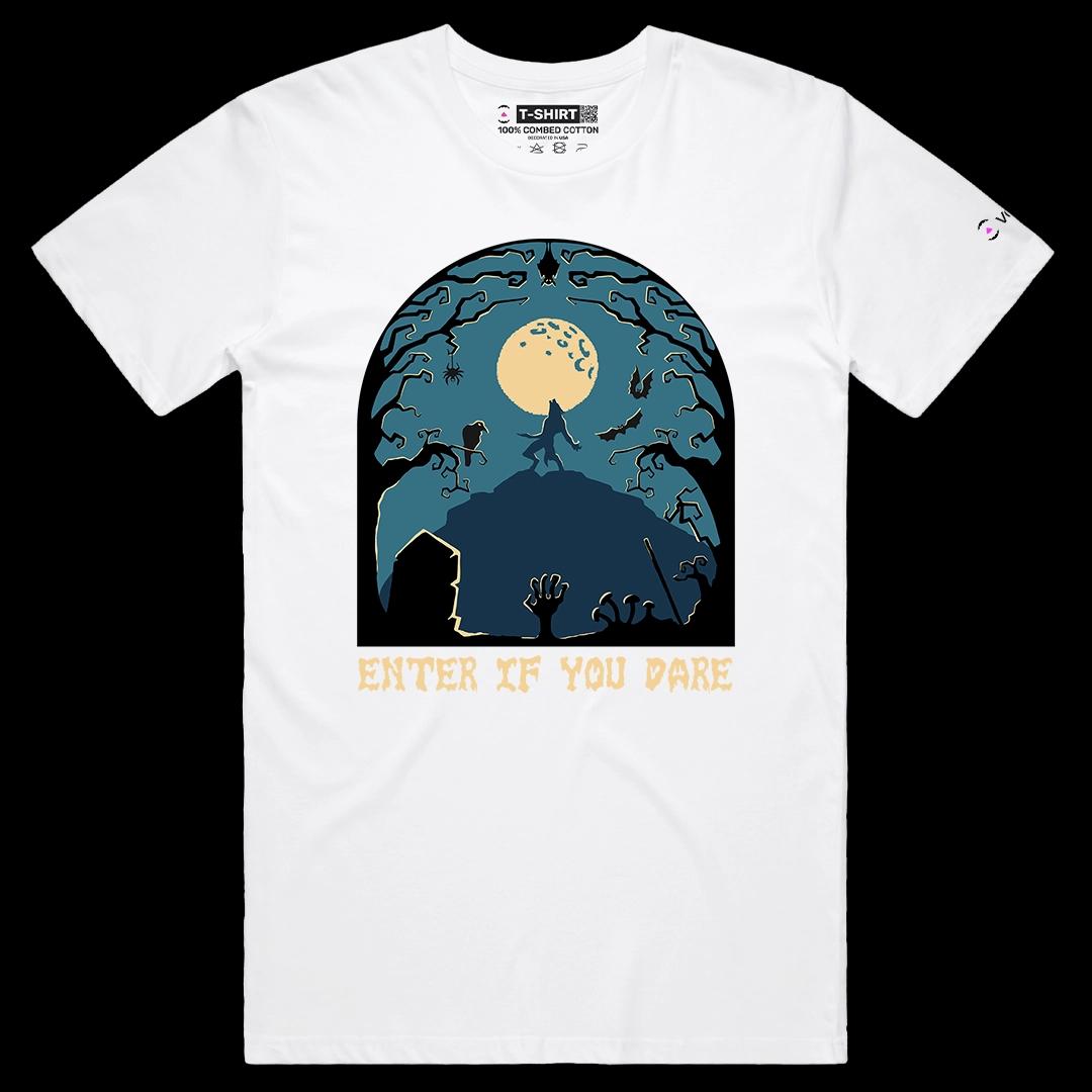 VOICEART White Male Regular Enter If You Dare Scary Holiday Graphic Tee for Halloween Short Sleeve TShirt for Men and Women