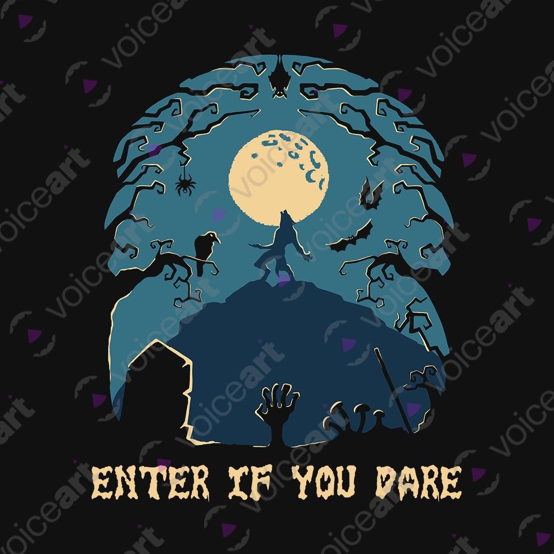VOICEART Black Watermark Enter If You Dare Scary Holiday Graphic Tee for Halloween Short Sleeve TShirt for Men and Women