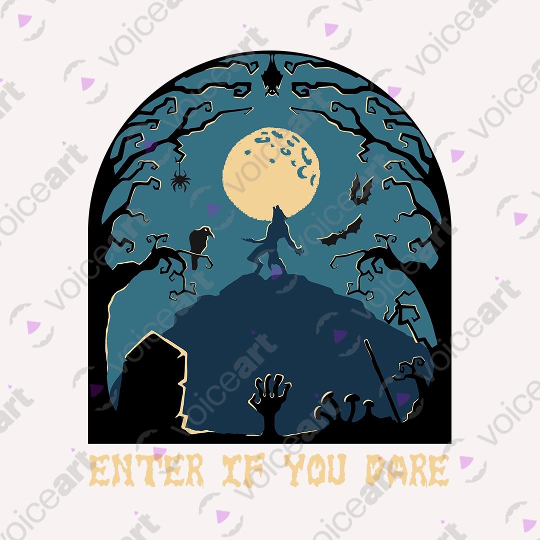 VOICEART White Watermark Enter If You Dare Scary Holiday Graphic Tee for Halloween Short Sleeve TShirt for Men and Women