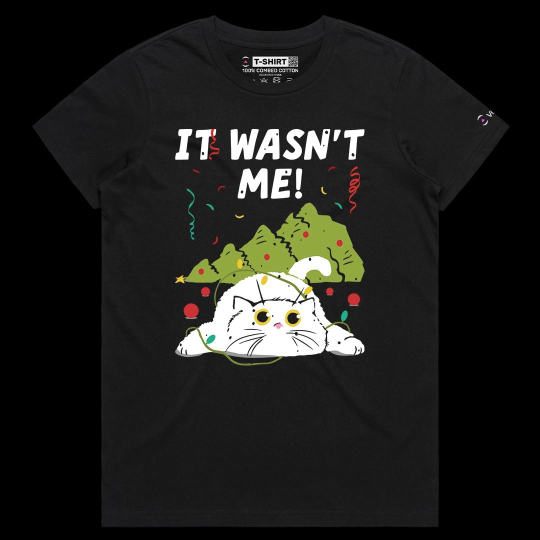 VOICEART Black Female Regular Cat Pulled Down The Christmas Funny Graphic Tee for Holidays Short T-Shirt for Men and Women