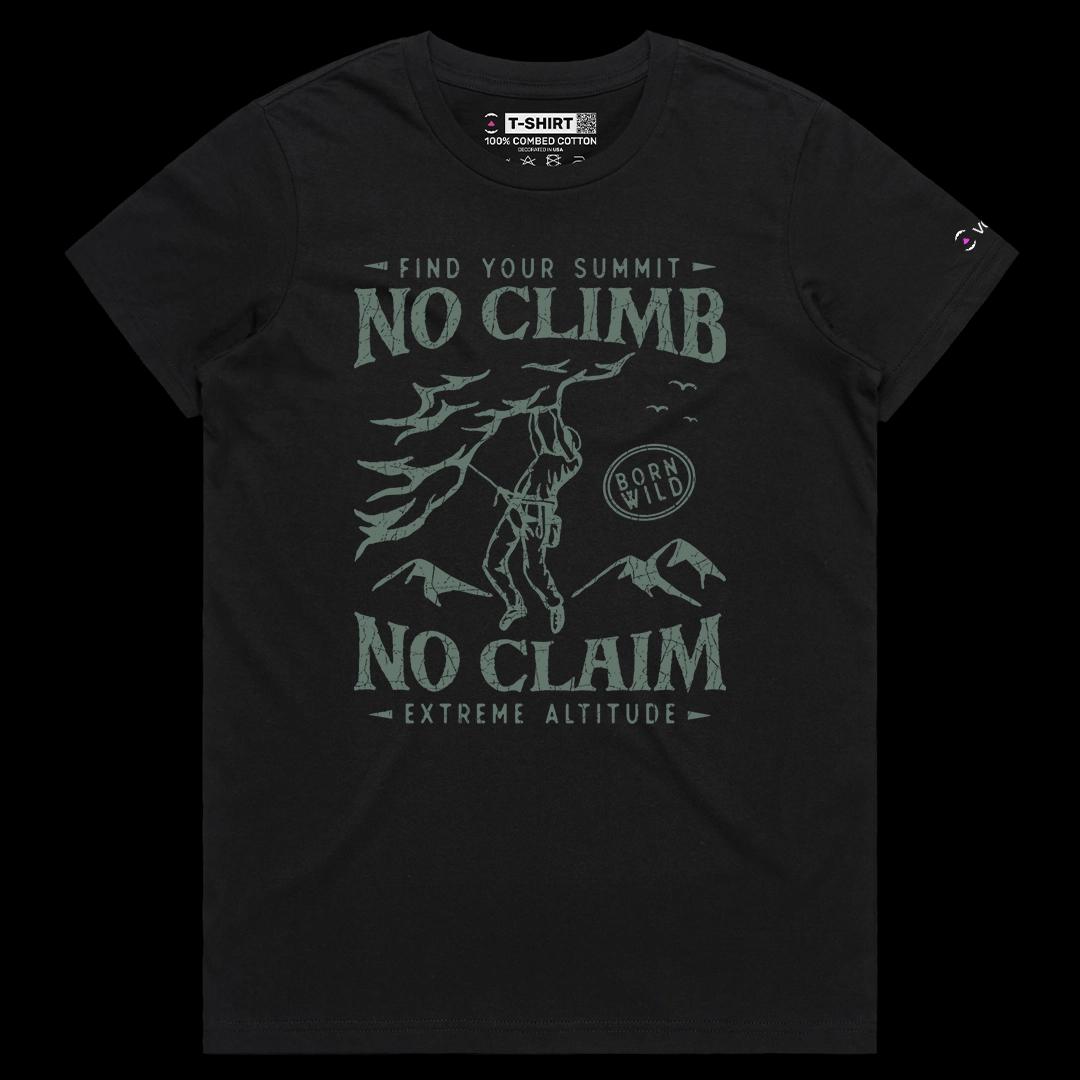 VOICEART Black Female Regular No Climb No Claim Mountain Climber Graphic Tee Outdoor Adventures Short Shirt for Men and Women