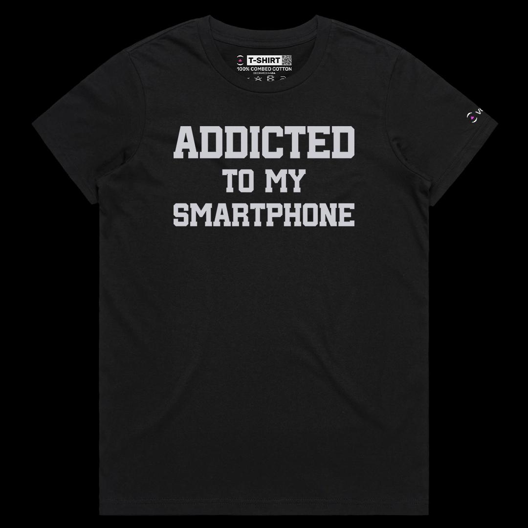 VOICEART Black Female Regular Addicted To My Smartphone Dad Jokes Funny Typography Tee Short Sleeve T-Shirt for Men and Women