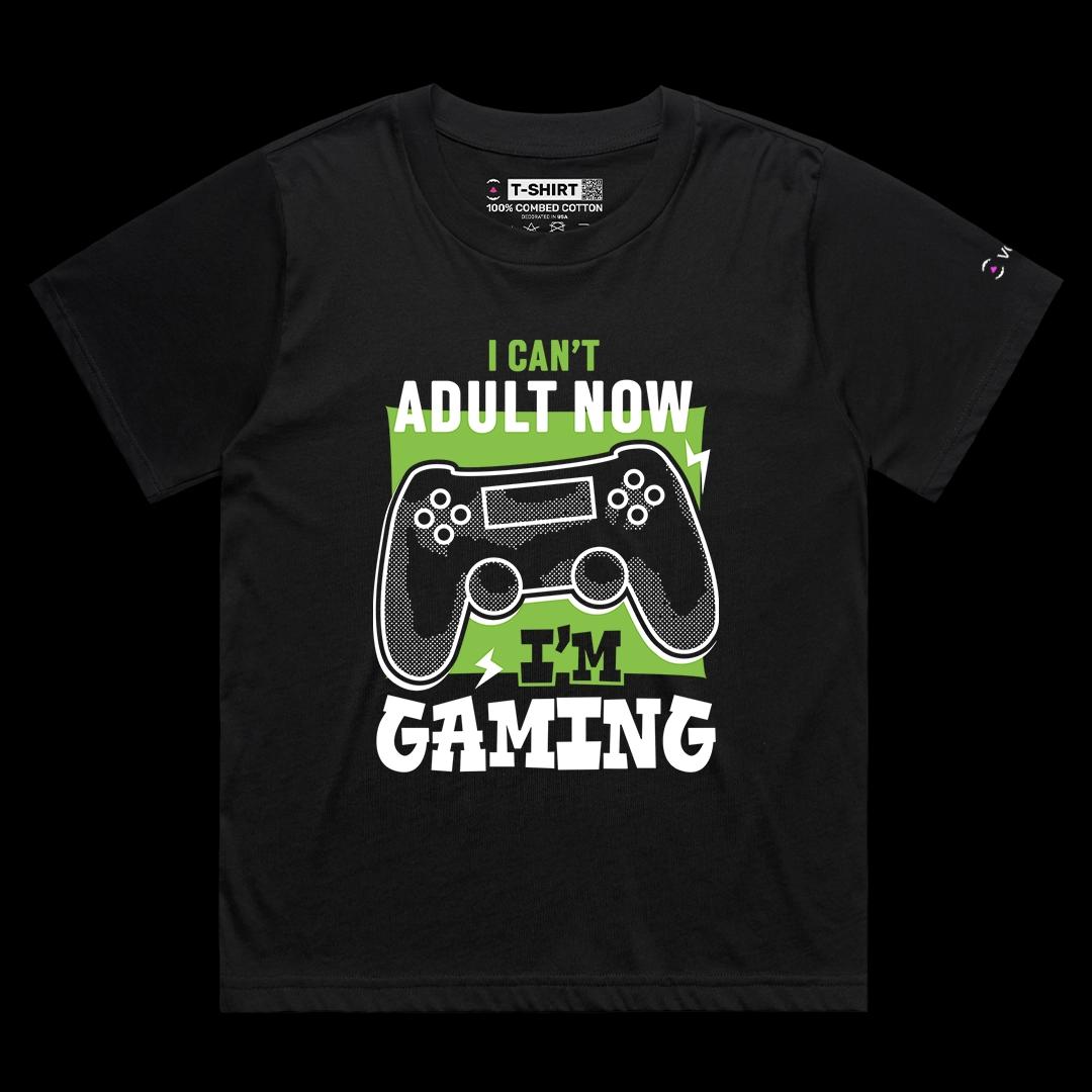 VOICEART Black Female Loose I Can’t Adult Now I’m Gaming Funny Graphic Tee for Gamers Short Sleeve TShirt for Men and Women