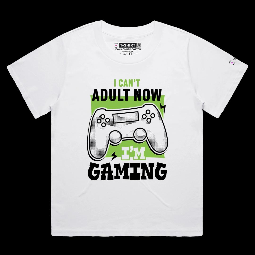 VOICEART White Female Loose I Can’t Adult Now I’m Gaming Funny Graphic Tee for Gamers Short Sleeve TShirt for Men and Women