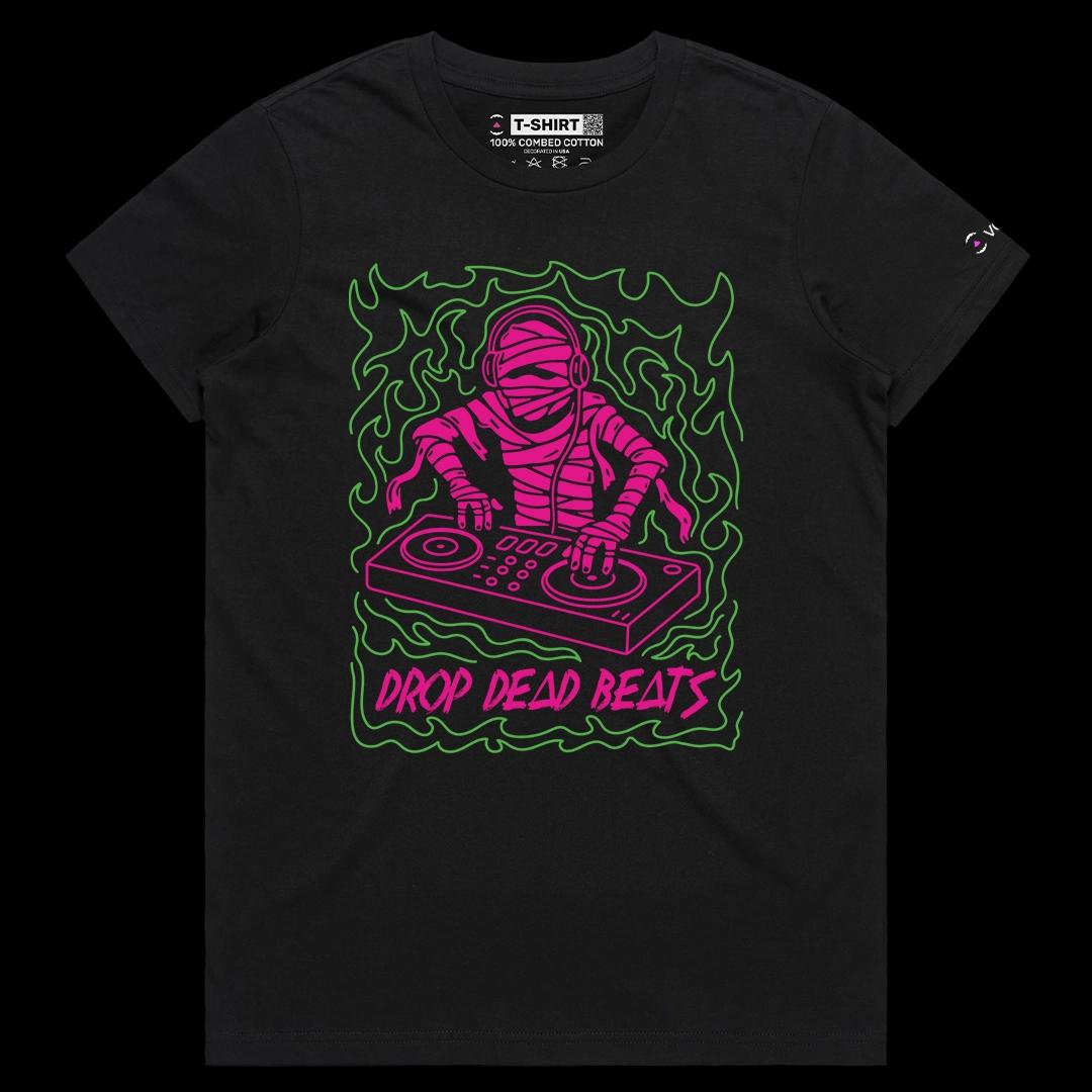 VOICEART Black Female Regular DJ Mummy Funny Halloween Music Graphic Tee for Holidays Short Sleeve T-Shirt for Men and Women