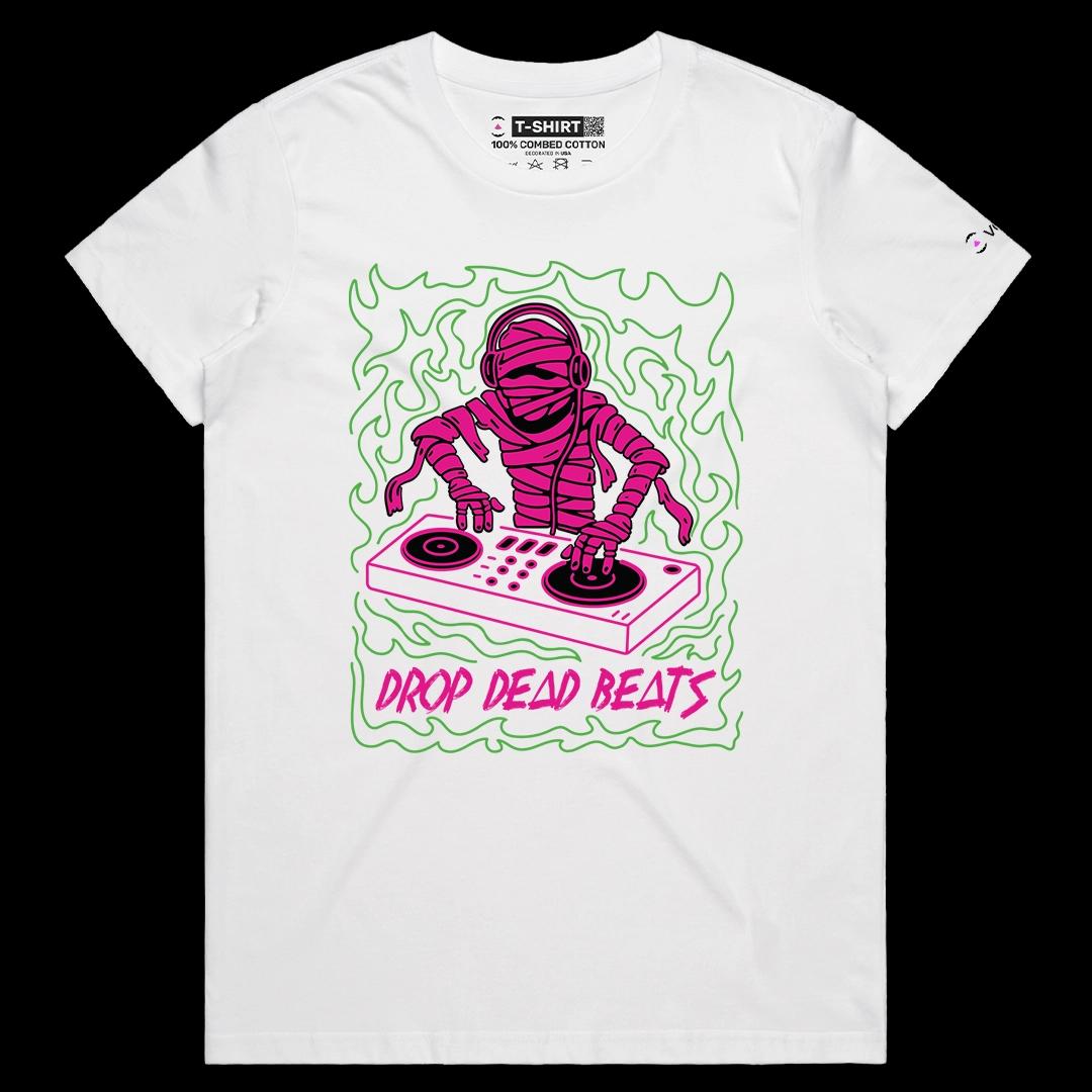 VOICEART White Female Regular DJ Mummy Funny Halloween Music Graphic Tee for Holidays Short Sleeve T-Shirt for Men and Women