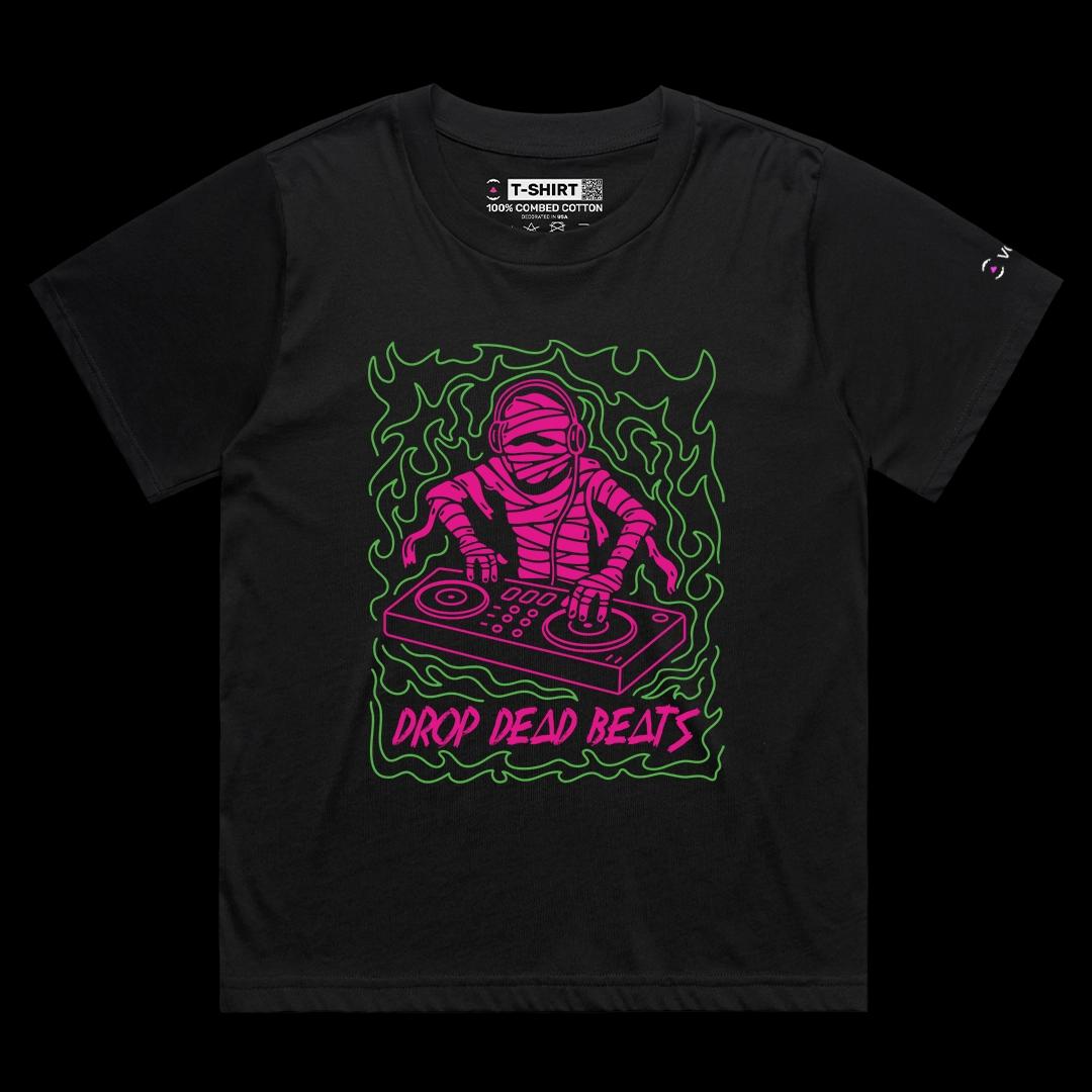 VOICEART Black Female Loose DJ Mummy Funny Halloween Music Graphic Tee for Holidays Short Sleeve T-Shirt for Men and Women