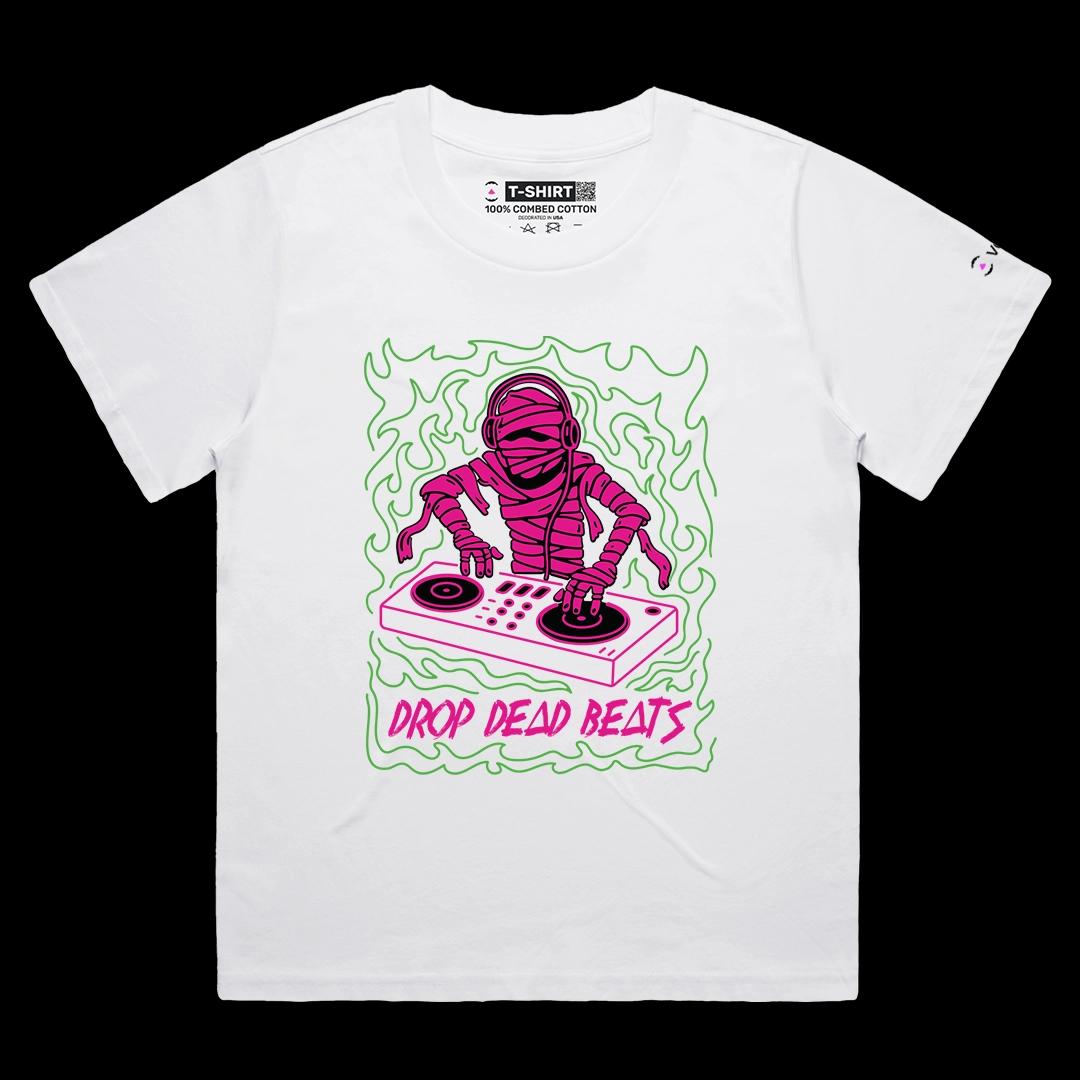 VOICEART White Female Loose DJ Mummy Funny Halloween Music Graphic Tee for Holidays Short Sleeve T-Shirt for Men and Women