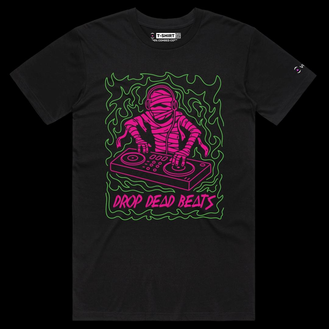 VOICEART Black Male Regular DJ Mummy Funny Halloween Music Graphic Tee for Holidays Short Sleeve T-Shirt for Men and Women