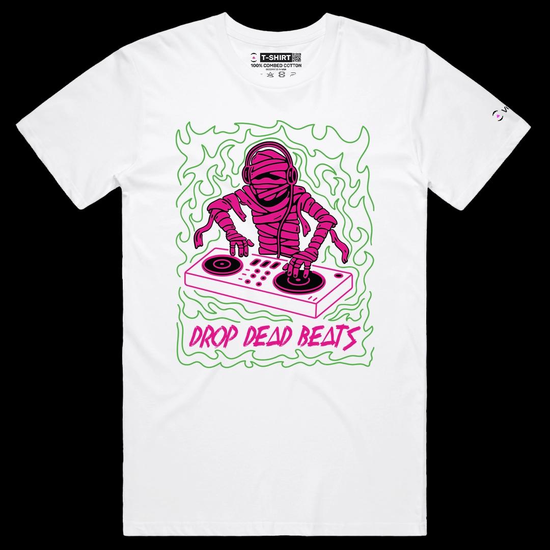 VOICEART White Male Regular DJ Mummy Funny Halloween Music Graphic Tee for Holidays Short Sleeve T-Shirt for Men and Women