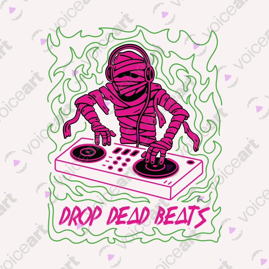 VOICEART White Watermark DJ Mummy Funny Halloween Music Graphic Tee for Holidays Short Sleeve T-Shirt for Men and Women