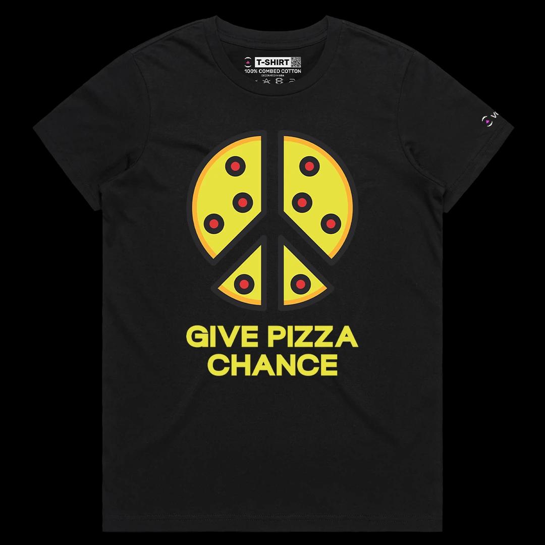 VOICEART Black Female Regular Give Pizza a Chance Funny Graphic Tee for Pizza Lovers Short Sleeve T-Shirt for Men and Women