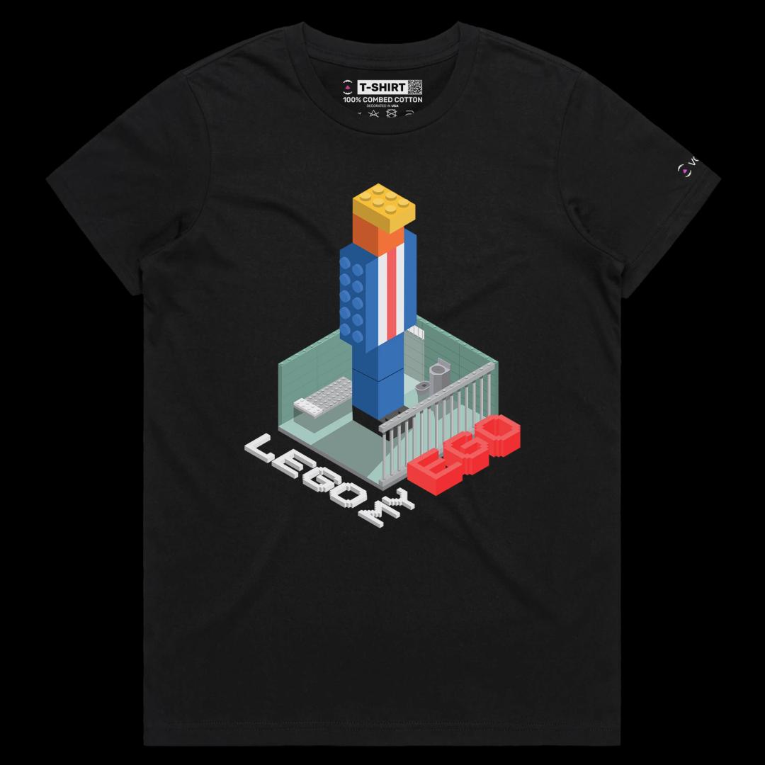 VOICEART Black Female Regular President Trump in a Lego Prison Political T-shirt Premium Quality Graphic Funny Wordplay Tee