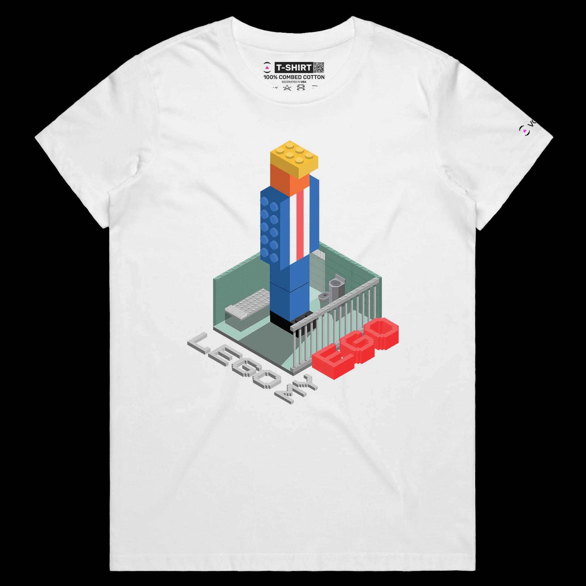 VOICEART White Female Regular President Trump in a Lego Prison Political T-shirt Premium Quality Graphic Funny Wordplay Tee