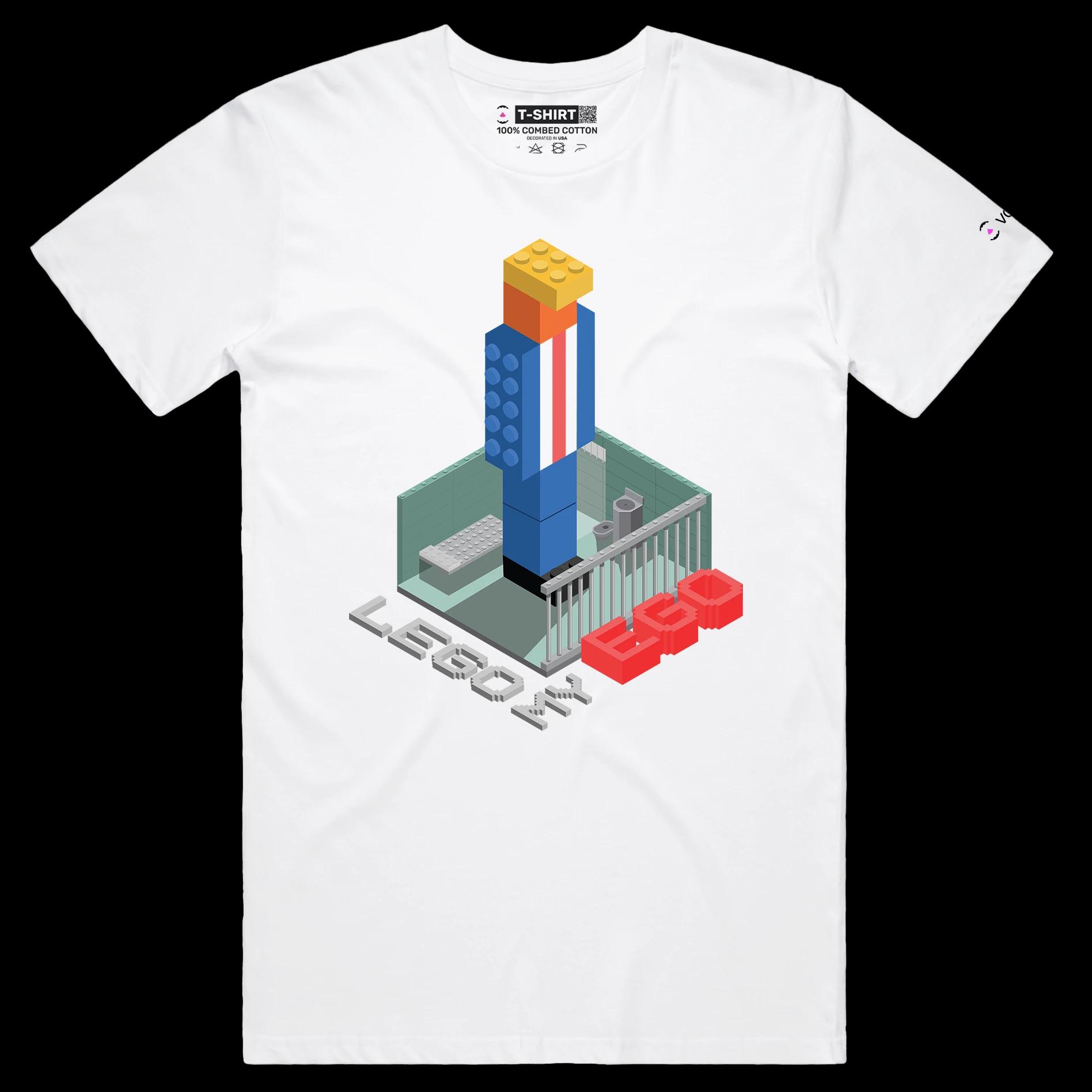 VOICEART White Male Regular President Trump in a Lego Prison Political T-shirt Premium Quality Graphic Funny Wordplay Tee
