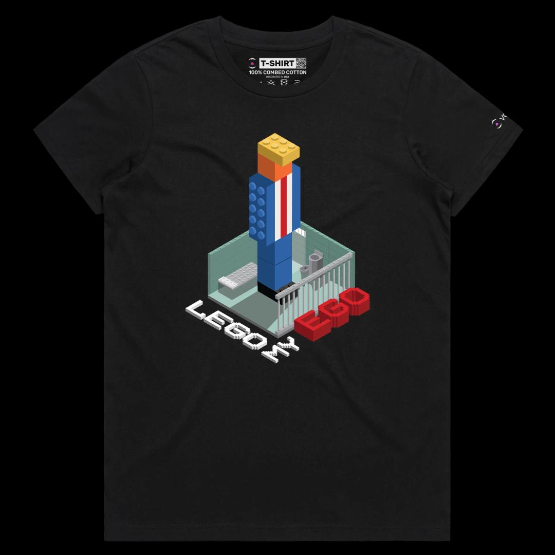 VOICEART Black Female Regular President Trump in a Lego Prison Political T-shirt Premium Quality Graphic Funny Wordplay Tee
