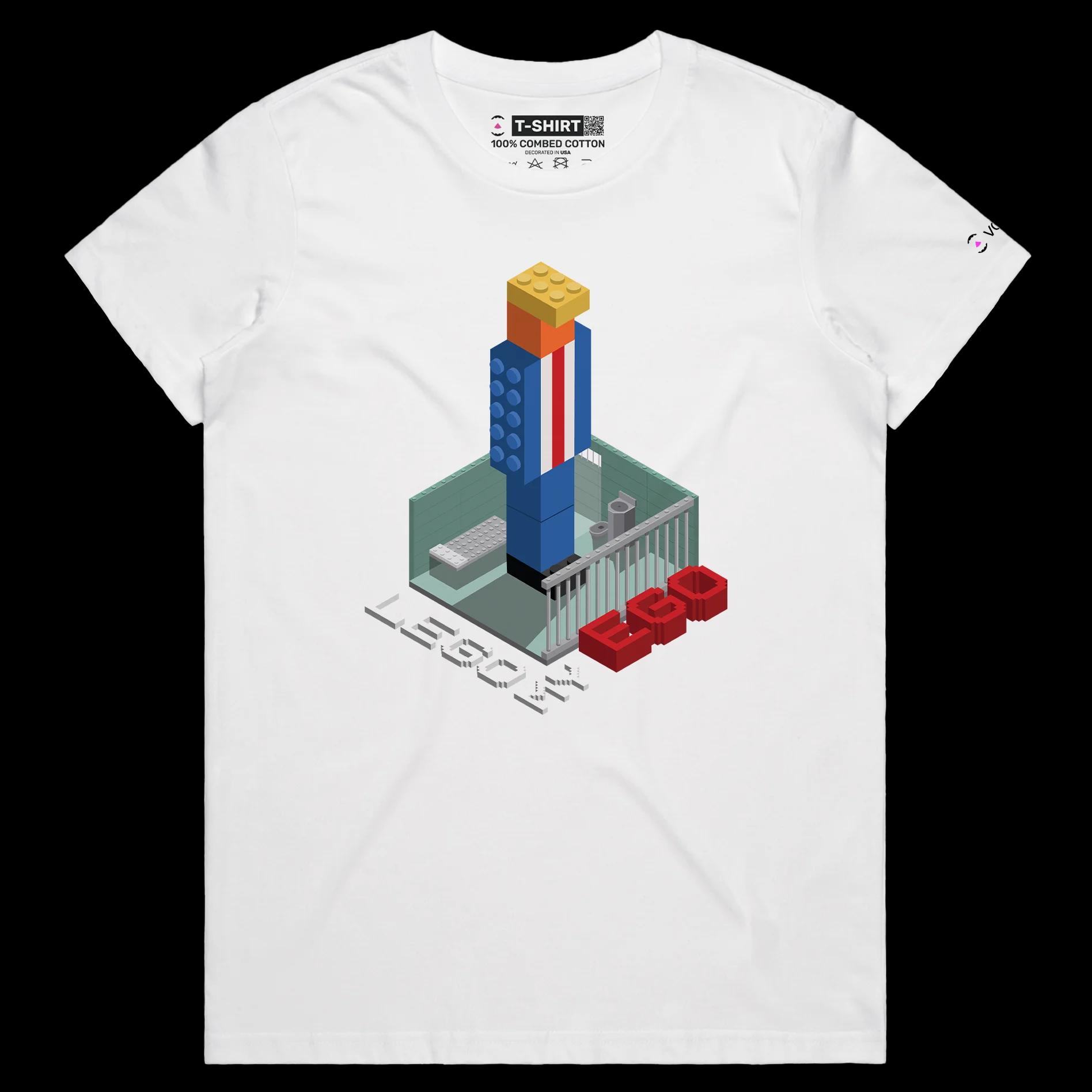 VOICEART White Female Regular President Trump in a Lego Prison Political T-shirt Premium Quality Graphic Funny Wordplay Tee